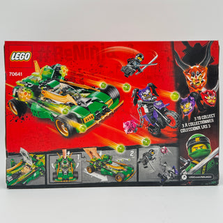 LEGO Ninjago set 70641 box back showing green and yellow racing vehicle with minifigures and ninja characters.