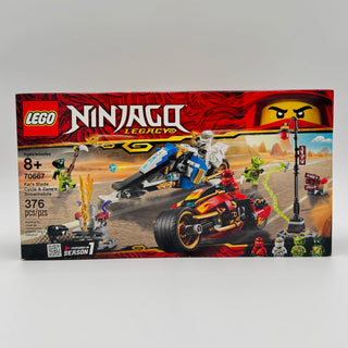 LEGO NINJAGO set 70667 box showing red and black blade cycle, blue and white snowmobile, minifigures, and desert landscape ba