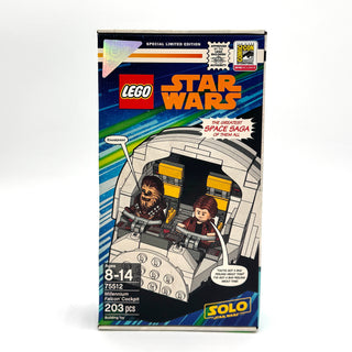 LEGO Star Wars Millennium Falcon Cockpit set box featuring two minifigures in the cockpit with yellow control panels and Comi