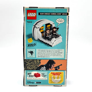 LEGO Millennium Falcon Cockpit set 75512 box showing minifigures and cockpit build, San Diego Comic-Con 2018 exclusive.
