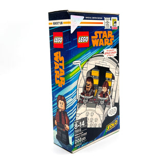 LEGO Star Wars Millennium Falcon Cockpit set box marked SDCC '18 with minifigures and 203 pieces displayed.