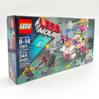 LEGO The Movie Ice Cream Machine set 70804 box showing assembled vehicles and minifigure on display background.