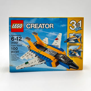 LEGO Creator set 31042 box showing orange and blue jet aircraft with white wings and black engines.