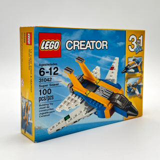 LEGO Creator 31042 Super Soarer set box showing yellow and blue jet aircraft with white wings.