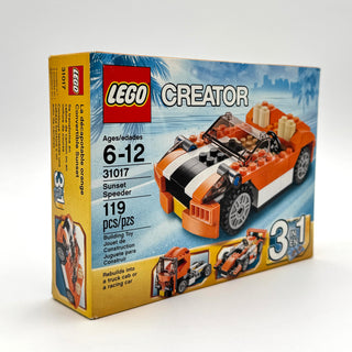 LEGO Creator set 31017 box showing orange and white sports car model with black stripe and details.