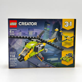 LEGO Creator set 31092 box showing yellow and black helicopter with 3-in-1 build options and 114 pieces.
