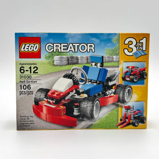 LEGO Creator set 31030 box showing red go-kart with blue canopy, black wheels, and three buildable vehicle configurations.