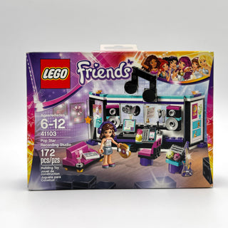 LEGO Friends Pop Star Recording Studio set 41103 box showing minifigure, studio equipment, and accessories.