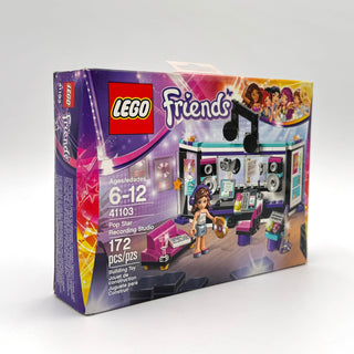 LEGO Friends Pop Star Recording Studio set box showing purple packaging with minifigure and studio interior with equipment an