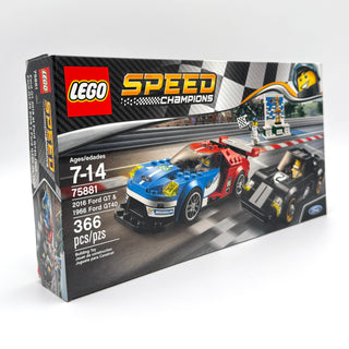 LEGO Speed Champions set box showing blue and red Ford race cars with track elements and pit crew minifigures.