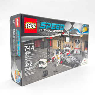 LEGO Speed Champions McLaren Mercedes Pit Stop set box 75911 with 332 pieces for ages 7-14.