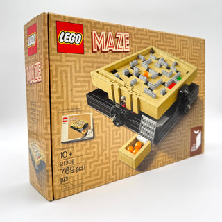 LEGO Maze set 21305 with tan wooden-textured box featuring maze game board with gray and colored balls on black base platform