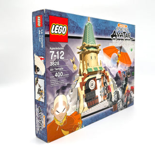 LEGO Avatar Air Temple set 3828 box showing tower structure with green roof, orange parachute, and minifigures.