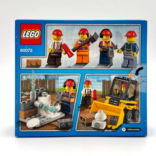 LEGO City set 60072 box showing four minifigures in hard hats, construction equipment, and yellow bulldozer with building mat