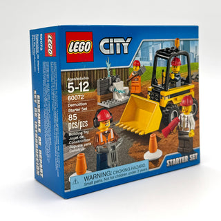 LEGO City Demolition Starter Set 60072 box showing yellow bulldozer, worker minifigures, and construction site accessories.