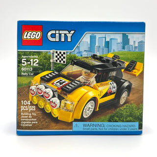 LEGO City Rally Car set 60113 box showing yellow and black race car with checkered flag and minifigure driver.