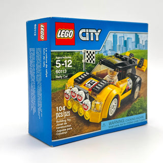 LEGO City Rally Car set 60113 box showing yellow and black race car with checkered flag and minifigure.