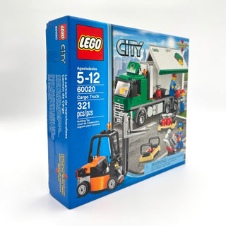 LEGO City Cargo Truck set 60020 box showing green truck, minifigures, and forklift on blue packaging.