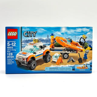 LEGO City 60012 set box showing orange and white 4x4 vehicle with attached orange speedboat, minifigures, and beach scene bac