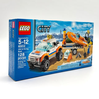 LEGO City set 60012 box showing orange and white 4x4 rescue vehicle with boat trailer and minifigures on beach.