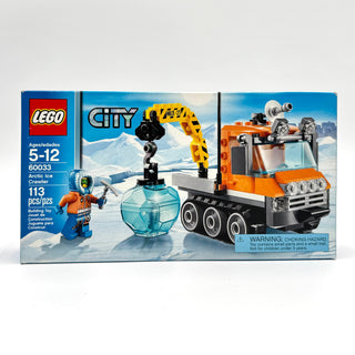 LEGO City Arctic Ice Crawler set 60033 box showing orange and black truck with drill arm and minifigure in snowy setting.