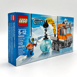 LEGO City Arctic Ice Crawler set 60033 box showing orange truck, minifigure, and ice drilling equipment on snowy landscape.