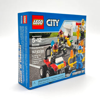 LEGO City Fire Starter Set 60088 box showing firefighter minifigures, red fire truck, and orange flame pieces.