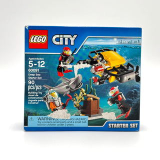 LEGO City Deep Sea Starter Set 60091 box featuring yellow submarine, divers, shark, and underwater scenery with 90 pieces for