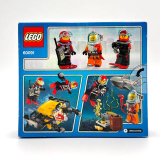 LEGO City Deep Sea Starter Set 60091 box showing minifigures, submarine, shark, and underwater accessories.
