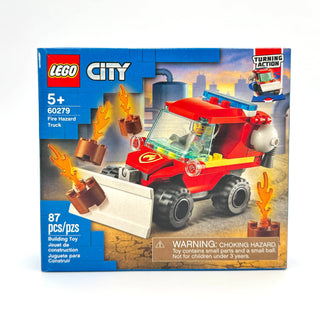LEGO City Fire Hazard Truck set 60279 box showing red fire truck with white plow and minifigure.