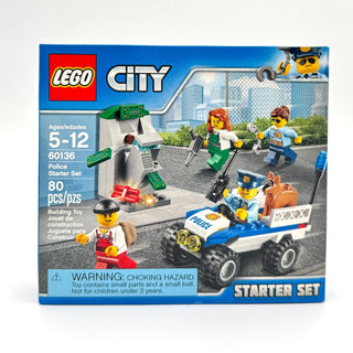 LEGO City Police Starter Set 60136 box showing minifigures, police car, kiosk, and accessories.