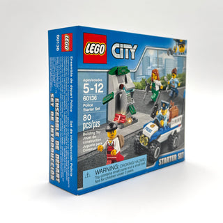 LEGO City Police Starter Set 60136 box displaying minifigures, police vehicle, and street scene on packaging.