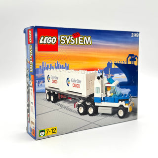 LEGO System container lorry set 2149 with white and blue cargo truck and trailer on retail box packaging.