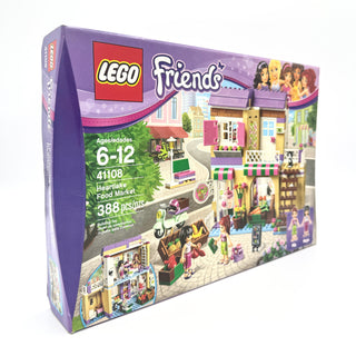 LEGO Friends Heartlake Food Market set 41108 with 388 pieces, featuring storefront building and minifigures.