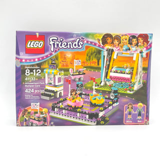 LEGO Friends Amusement Park Bumper Cars set 41133 box with colorful building pieces and minifigures.
