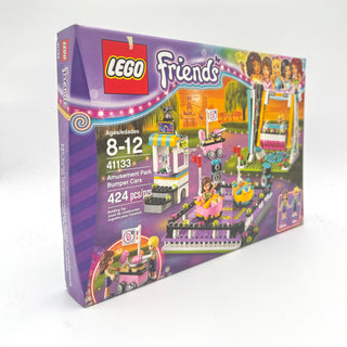 LEGO Friends set 41133 box showing amusement park bumper car ride with minifigures and colorful building pieces.