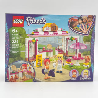 LEGO Friends set 41426 box showing pink and white park café building with two minifigures, accessories, and 224 pieces.