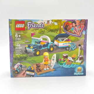 LEGO Friends set 41364 box showing Stephanie minifigure, motorized buggy with trailer, bicycle, and water scene accessories.