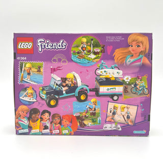 LEGO Friends set 41364 box showing turquoise buggy with trailer, minifigures, and accessories on purple packaging.