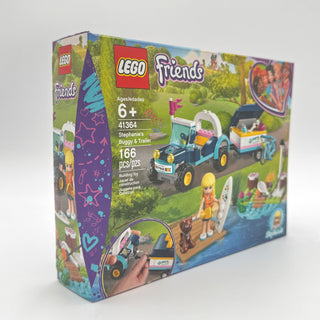 LEGO Friends set 41364 box showing a blue and yellow buggy with trailer, minifigure, and accessories on outdoor background.