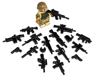 Gold minifigure in tactical vest holding black assault rifle surrounded by 25+ black weapons accessories.