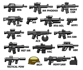 BrickArms Modern Combat Assault V3 weapons pack containing 18 black minifigure weapons and one gold helmet.