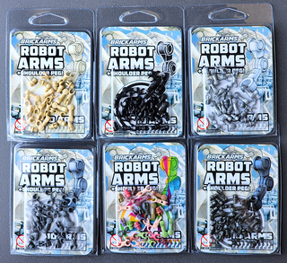 Six BRICKARMS Robot Arms pack varieties in tan, black, and multicolor with shoulder peg connectors displayed in retail packag