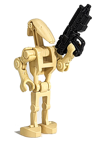 Tan droid figure with articulated limbs holding a black weapon accessory with shoulder peg attachment.