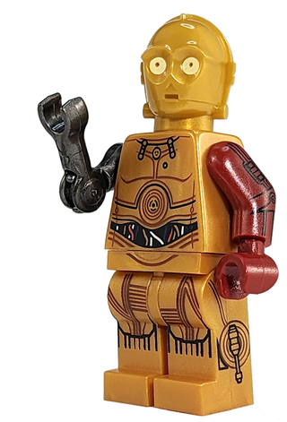 Gold and red droid minifigure with black articulated robot arms featuring shoulder pegs.