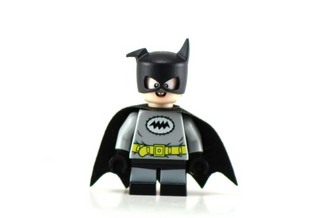Custom minifigure with black bat-eared helmet, gray torso with bat symbol, yellow belt, black cape, and flesh-tone face.