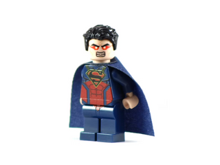 Custom minifigure with black hair, red glowing eyes, red and blue Superman suit, and blue cape.