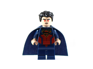 Custom minifigure with black hair, red eyes, Superman symbol on red chest, and dark blue cape and legs.