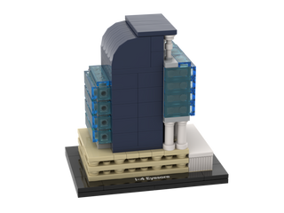Architectural building model kit featuring dark blue central structure with curved top, blue side panels, white columns, and 