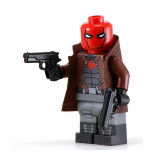 Custom Lego minifigure with red helmet, brown hood and armor, holding two black pistols.